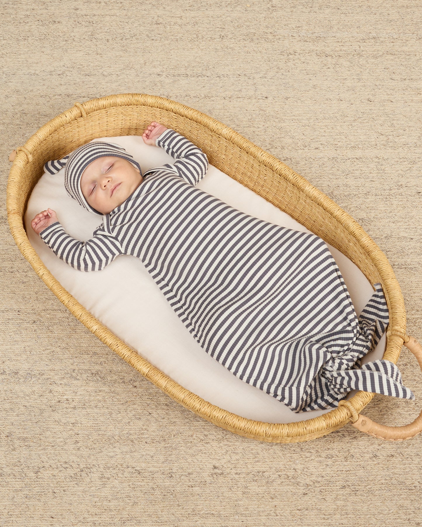 Knotted Baby Gown + Hat Set || Indigo Stripe