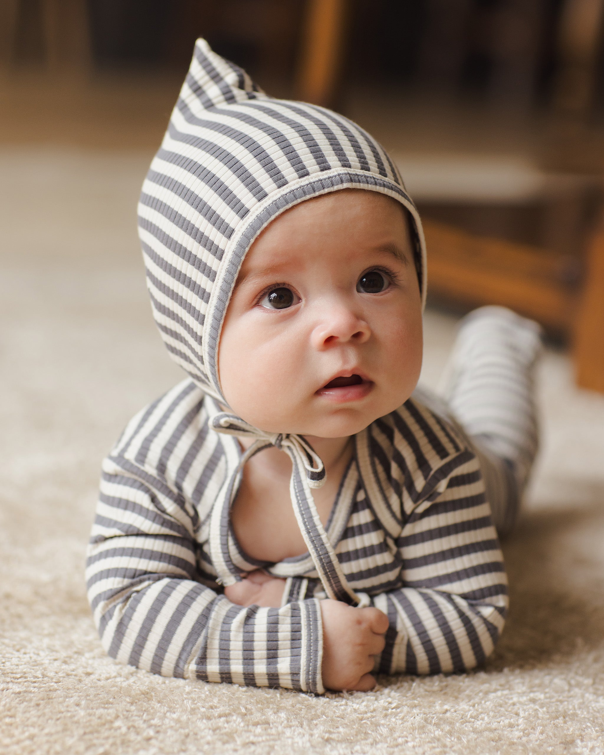 Ribbed Pixie Bonnet || Indigo Stripe