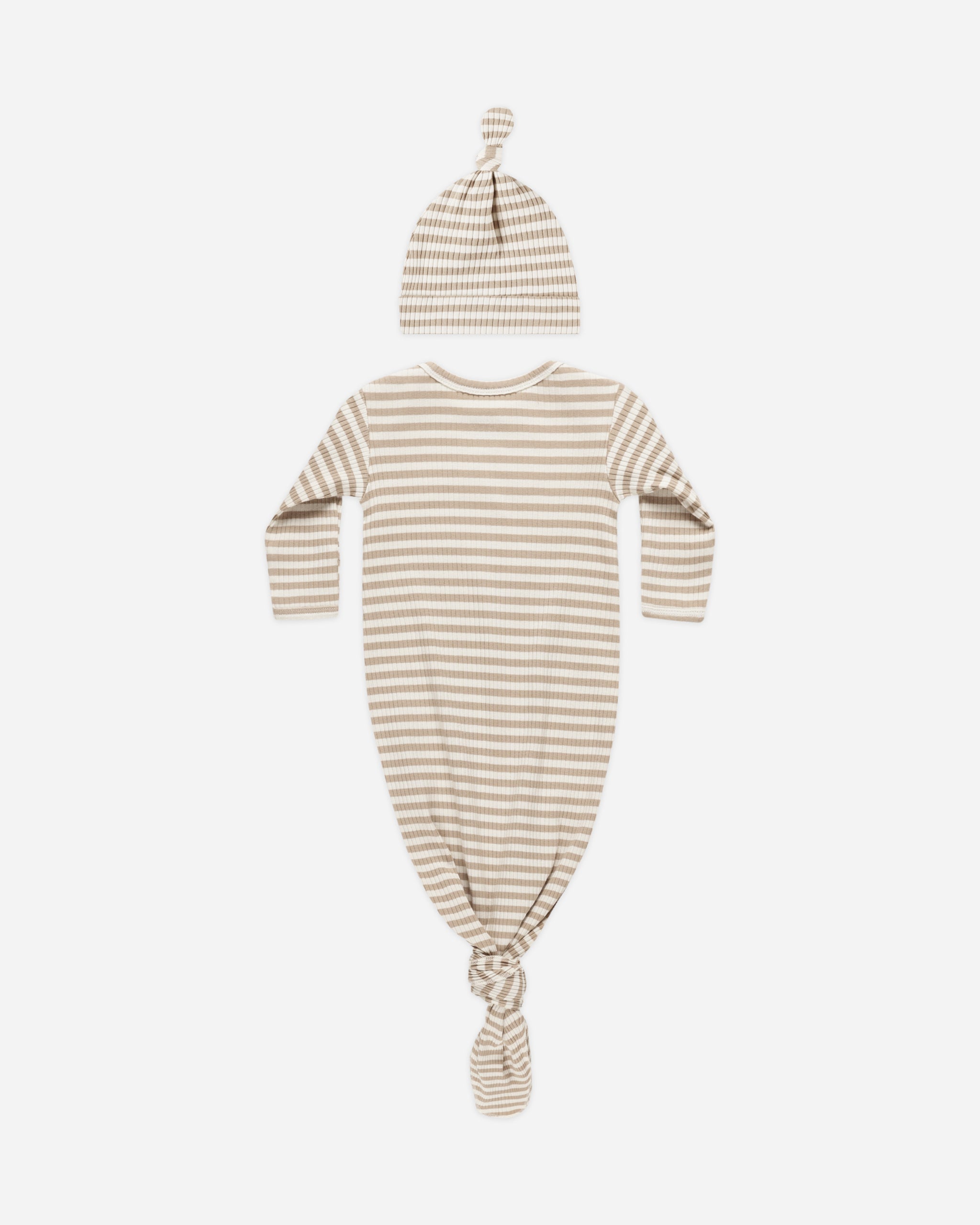 Knotted Baby Gown + Hat Set || Latte Stripe