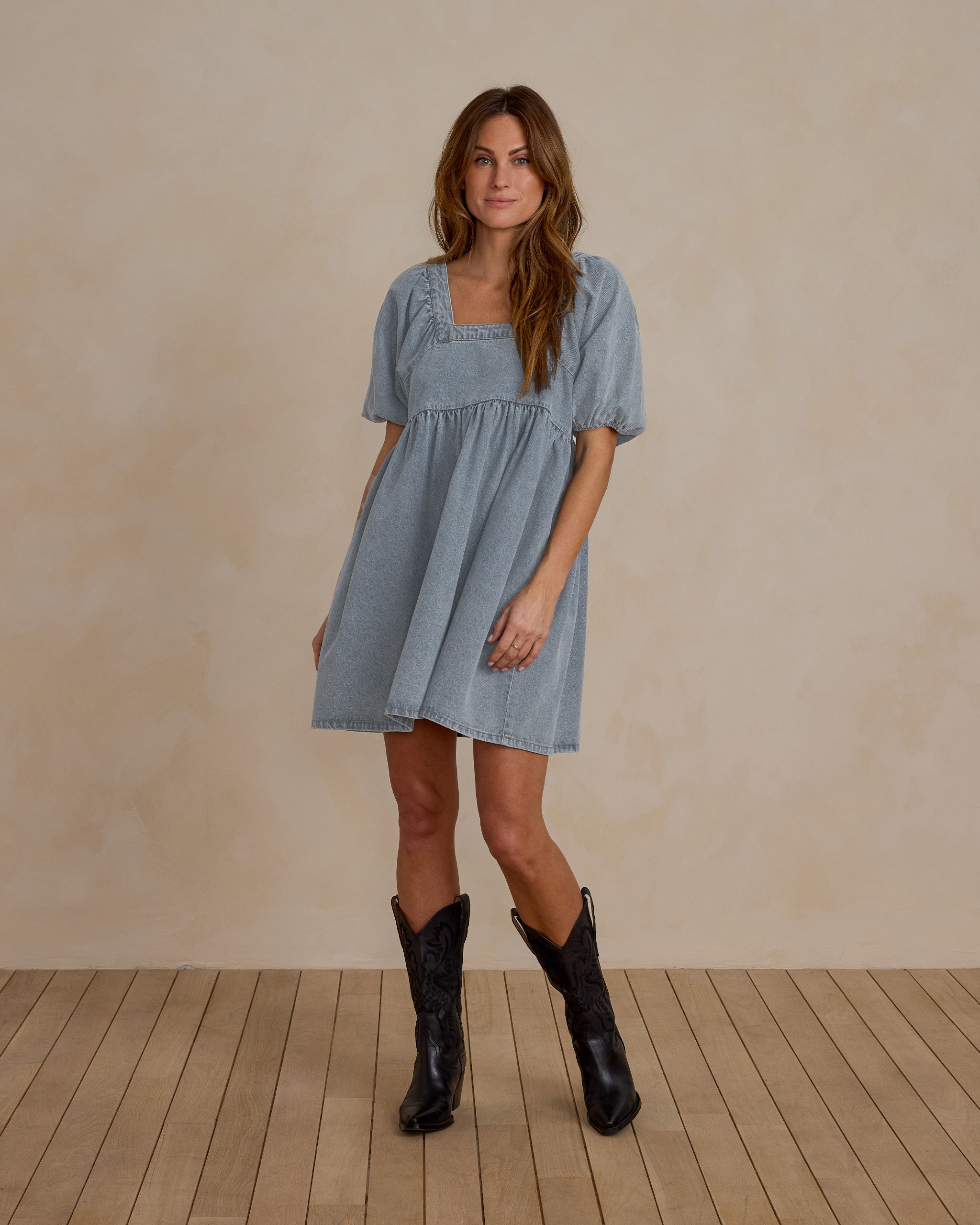 Gretta Babydoll Dress | Light Washed Denim